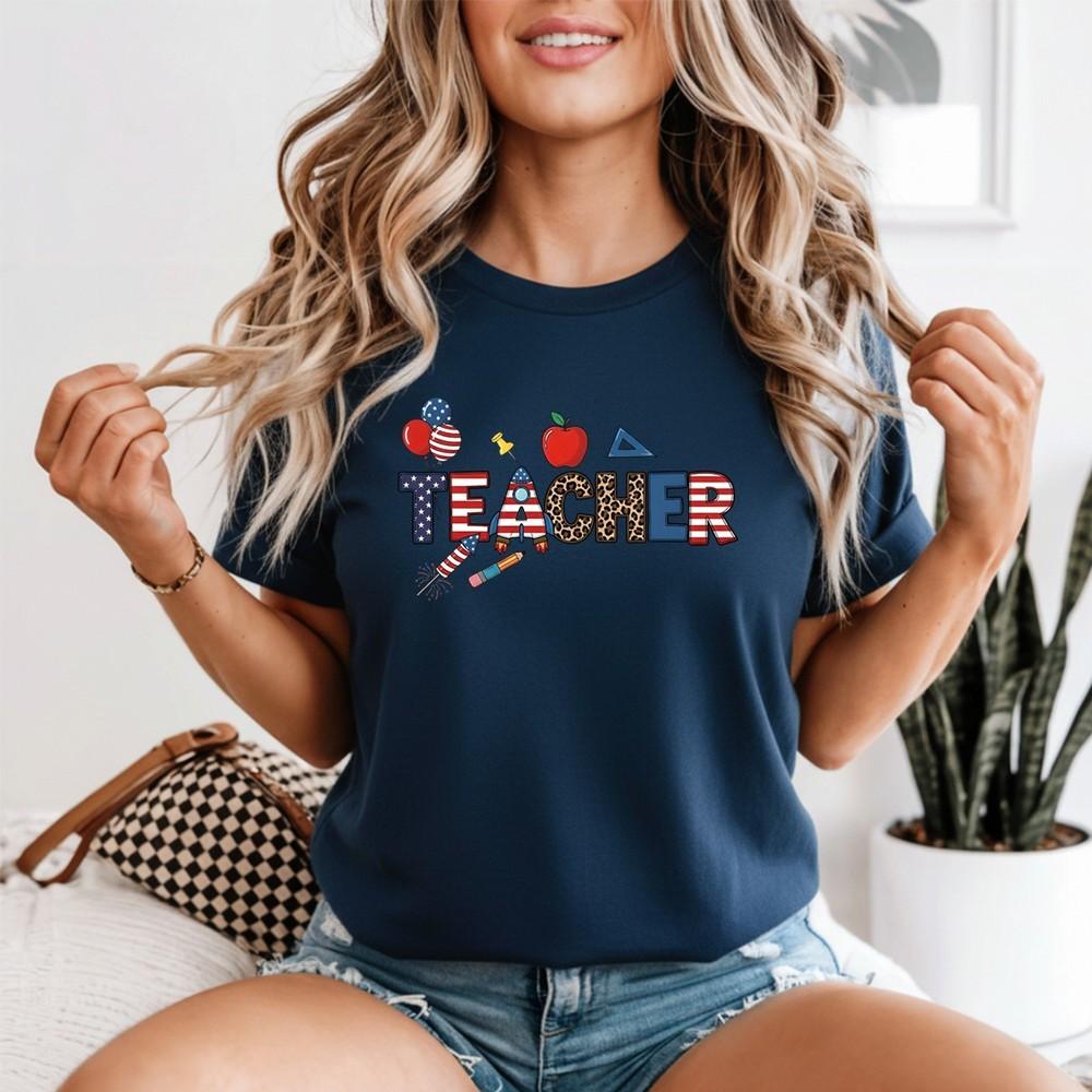 Patriotic Teacher Unisexs Tshirt Usa Crayon Leopard 4th Of July Red White Blue