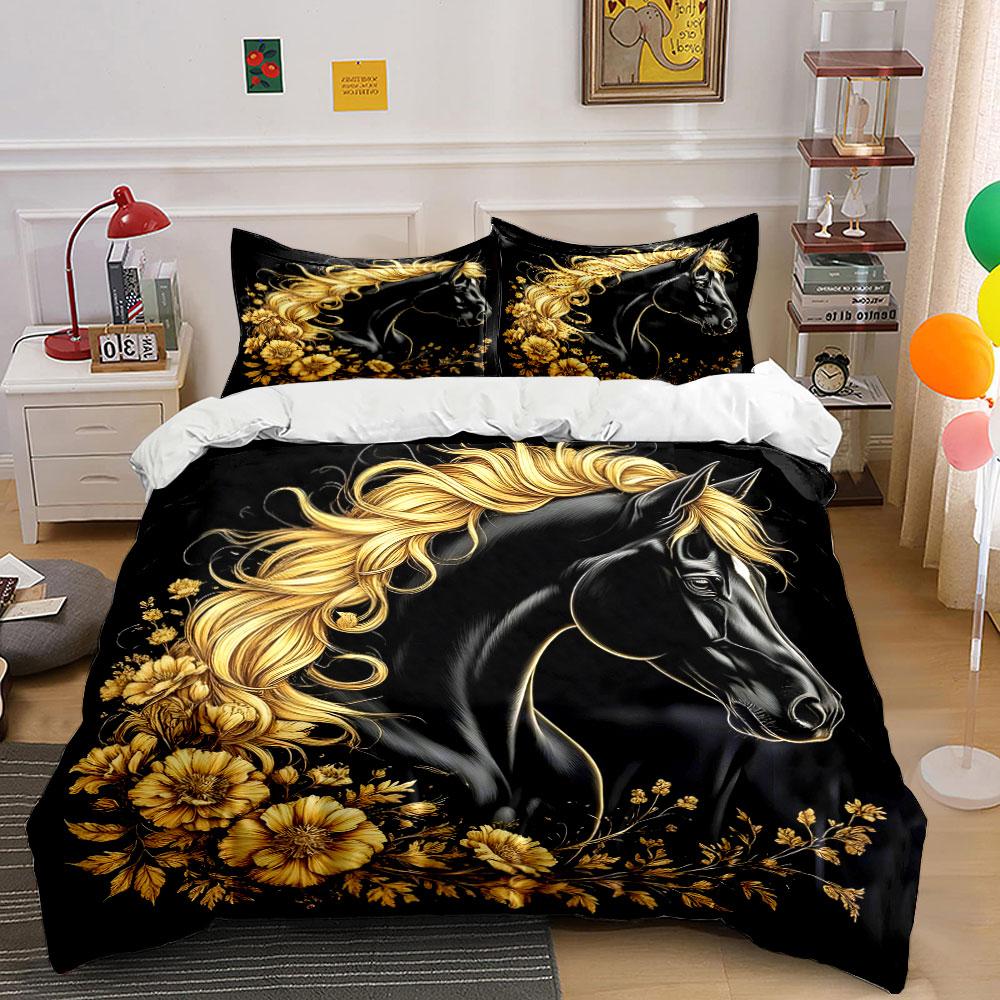 Golden Floral Horse Art Set  Kid'S And Adults' Bedroom Decor, Exquisite Three-Piece Bedding Set Gift