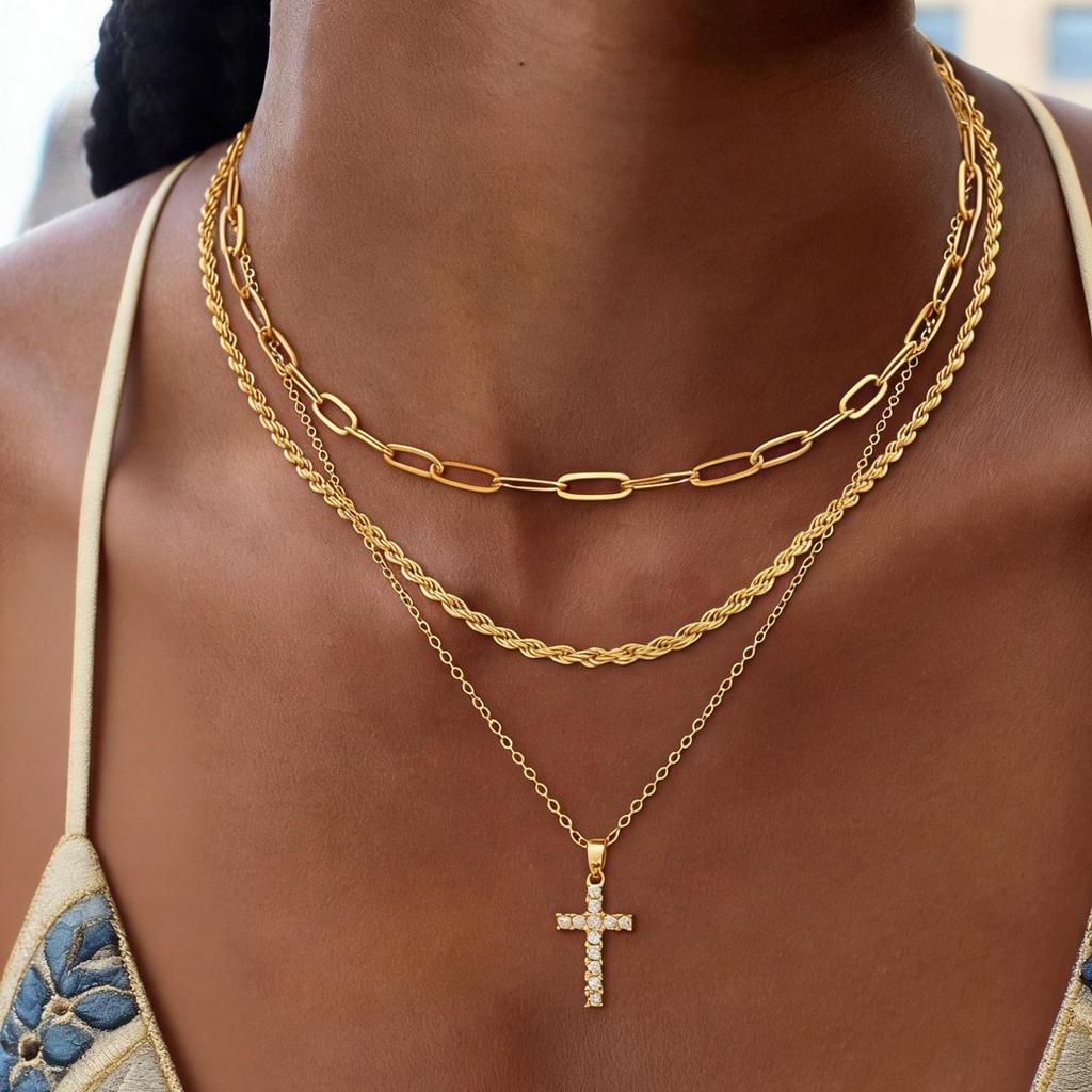 Trendy Geometric Multi-layer Cross Pendant Clavicle Chain Necklace for Women