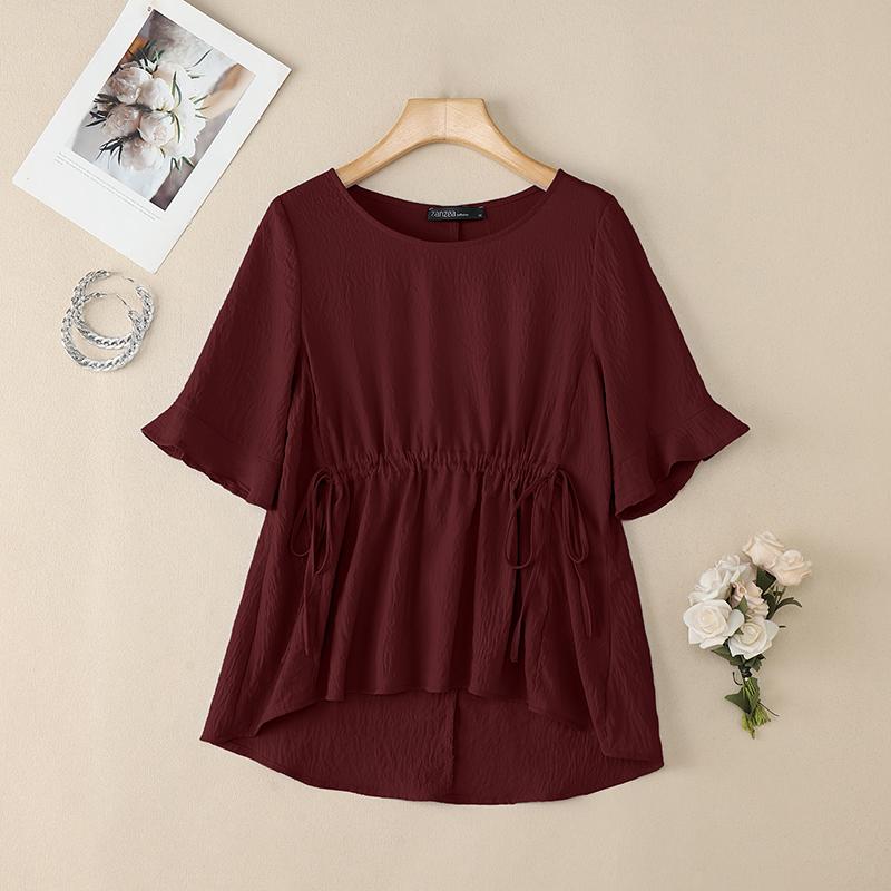 ZANZEA Women Casual Round Neck Loose Drawstring Waist Half Sleeve Blouse