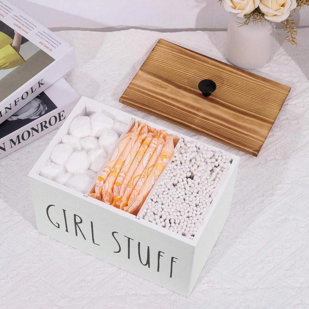1pc Tampon Organizer, Farmhouse Style Bathroom Organizer Container, Country Style Wooden Bathroom Organizer with Cover