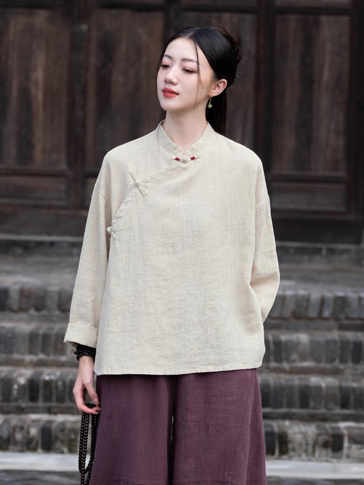 Spring Cotton Linen Women's Retro Handmade Wrapped Button Zen Tea Shirt