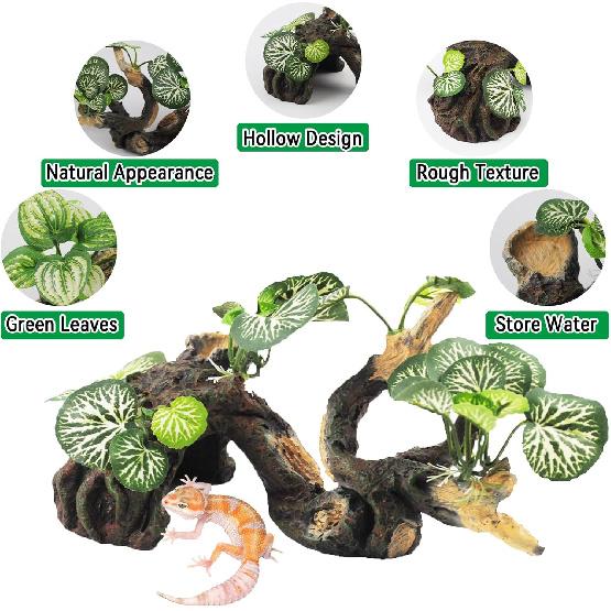 PINVNBY Branches for Reptiles,Crested Gecko Resin Climbing Tree Branch with Hideout Cave Bearded Dragon Tank Accessories Lizard Terrarium Habitat