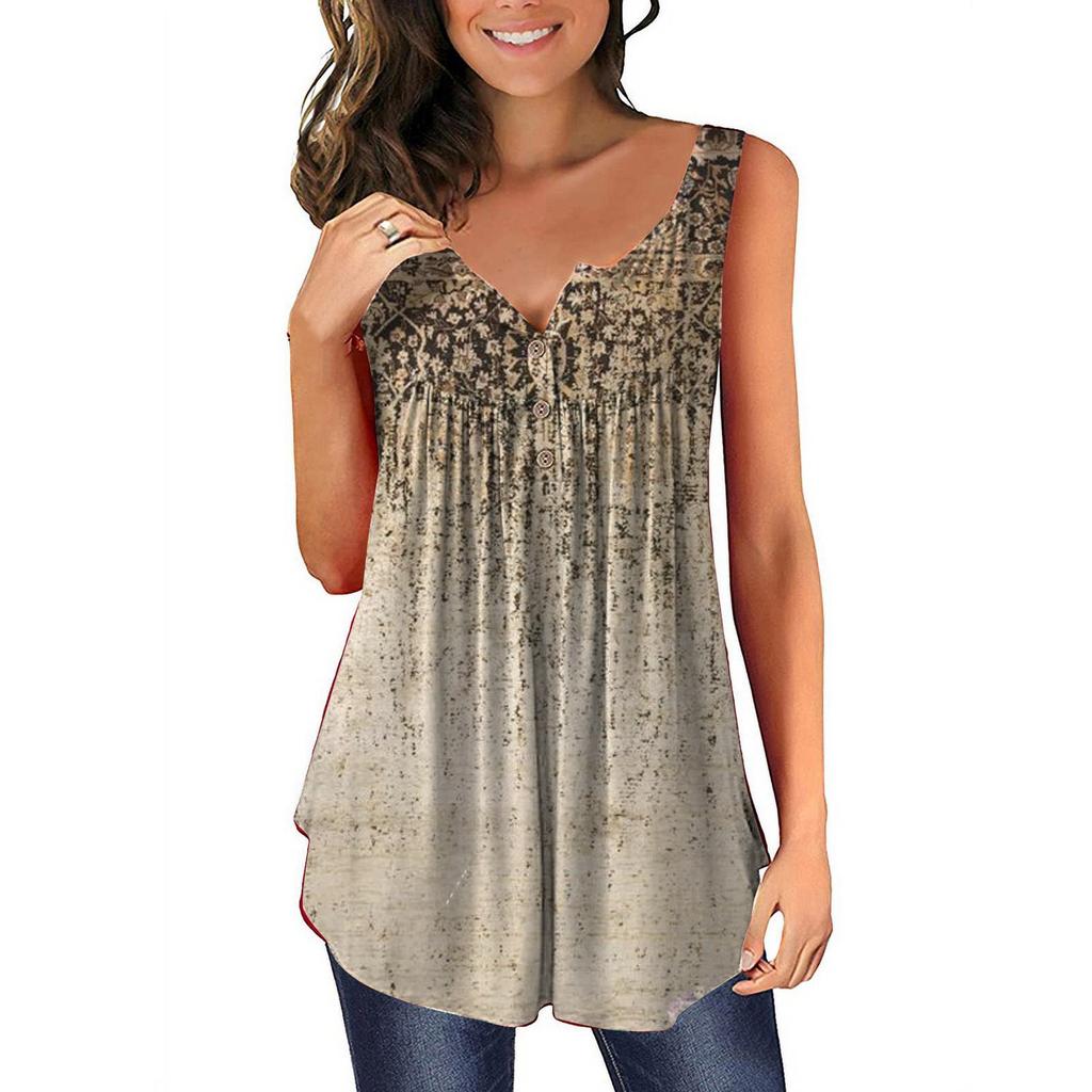 Women's Fashion Floral Printing Pleated Sleeveless Casual T-shirt Vest Button Top