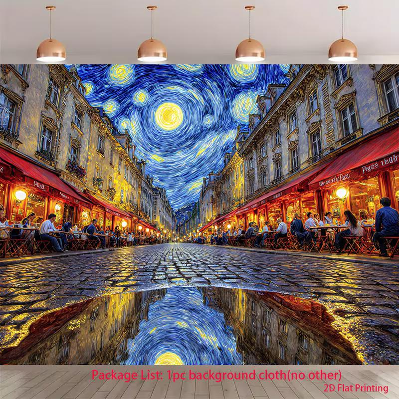 2D Impressionist European Night Street with Reflections Photography Background