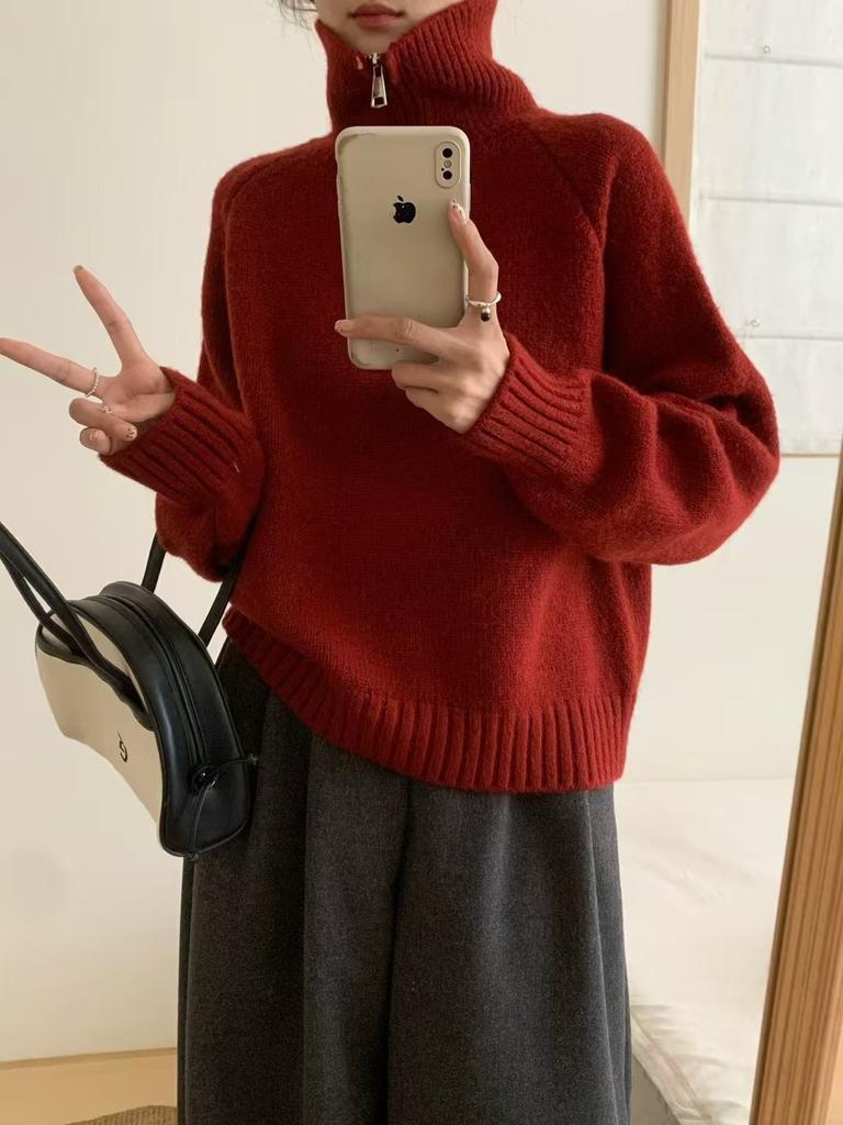 Half Zipper Lapel Knitted Pullover Sweater Women's Autumn and Winter High-end Sense New Lazy Soft Waxy Knitted Sweater Top