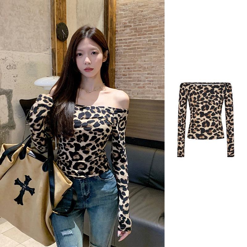 2026 New Arrival Leopard Print One-Shoulder Long-Sleeve Women's Top - Trendy European & American Early Autumn Fashion