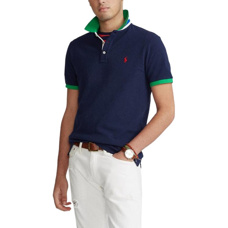 Polo Ralph Lauren Color Block Logo Embroidered Cotton Short Sleeve Polo Shirt Men tops Blue 710823421-001