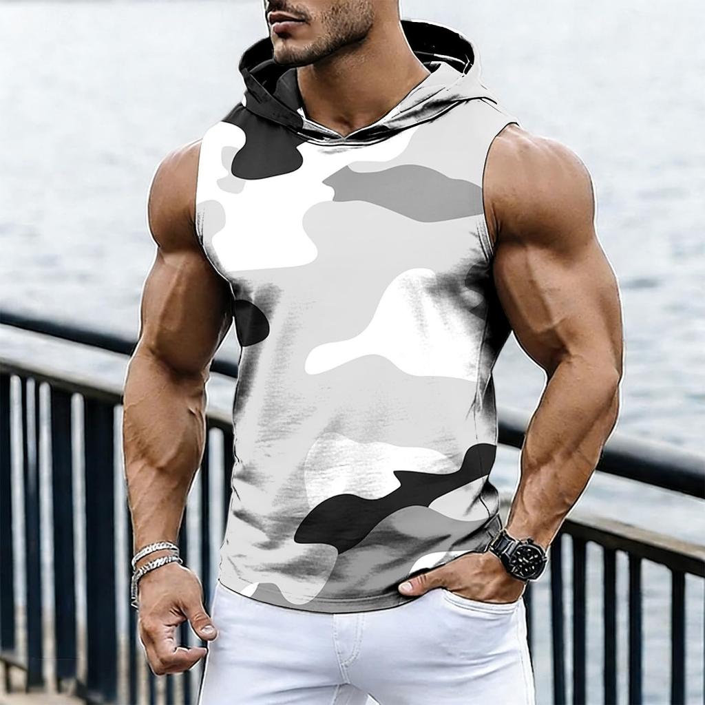 Men's Casual Fashion Printed Sleeveless Hooded Tops | Lightweight Summer Hooded Tank Tops
