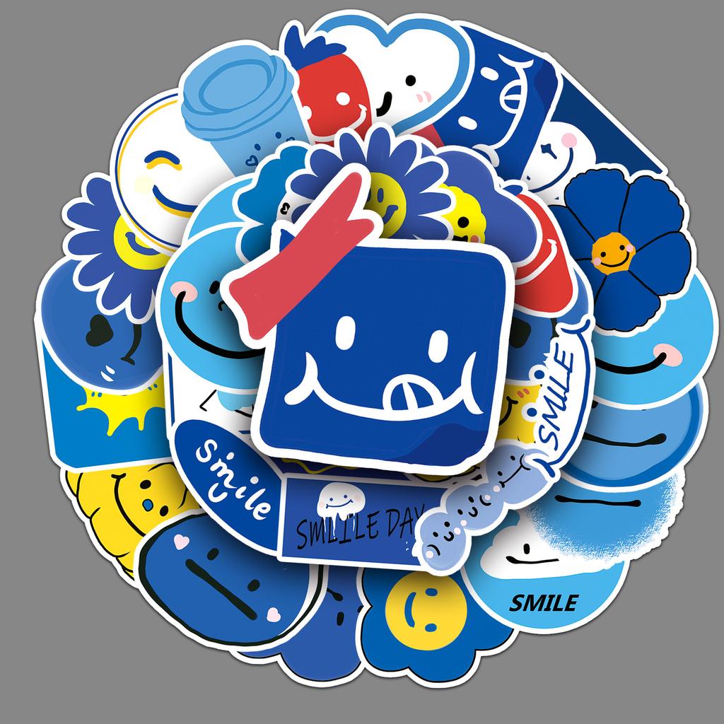 50 Blue Smiley Face Doodle Personality Cartoon Cute Guka Decorative Mobile Phone Case Suitcase Sticker Waterproof