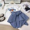 Girls' Korean Style Checkered Skort with Short Sleeve Top - EXB019