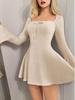 2026 European-American Style Square Neck A-Line Ribbed Dress - Slim Fit, Waist-Cinched, Long Sleeve, Spring/Autumn Collection