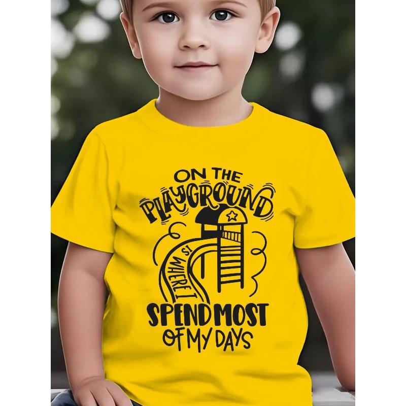 

European sizes Summer Boys Fashion Short Sleeve Top - On The Playground Spend Most Of My Days Letter Element Series Print Casual Outdoor 164cm жовтий