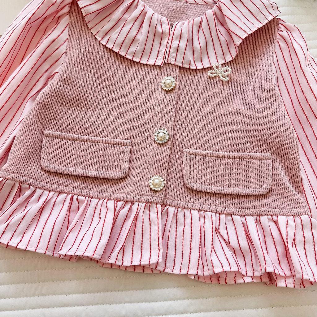 Girls' Autumn 2026 Trendy Patchwork Top and Striped Flare Pants Two-Piece Set