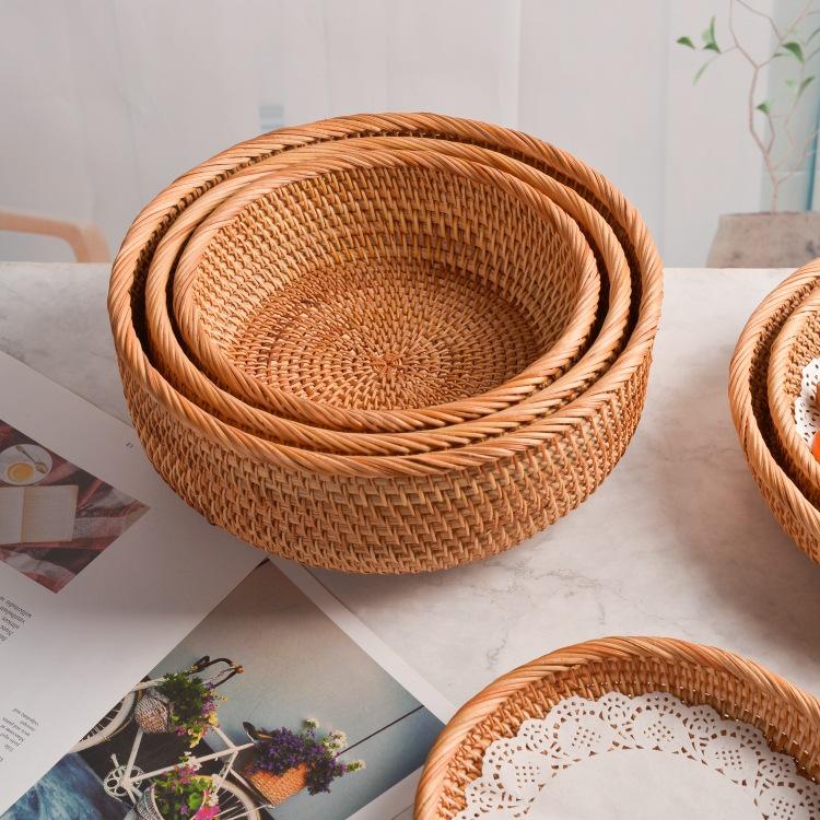Vietnamese Handmade Rattan & Bamboo Basket for Fruit or Steamed Buns - Round, Simple Design for Household Use