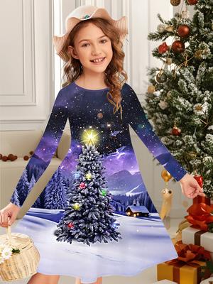 Robe de mode d'automne et d'hiver pour filles, T-shirt robe longue à col rond avec imprimé de Noël 3D pour enfants, Décontracté et polyvalent, Vêtements de Noël
