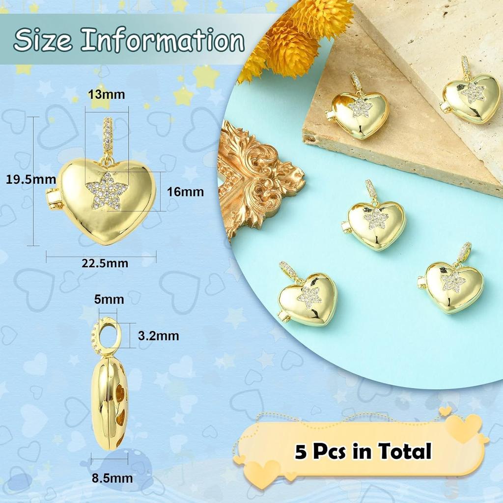 Ipotkitt 5Pcs Heart with Star Brass Micro Pave Cubic Zirconia Diffuser Locket Charm Pendants Openable Ornaments for DIY Making - 19.5x22.5mm