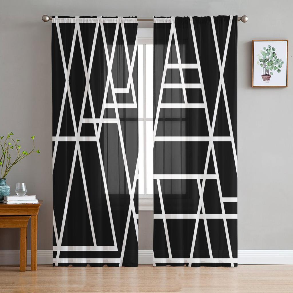 Schwarz-weiß gestreifte geometrische Gardinen für Wohnzimmer Voile Vorhang Schlafzimmer Badezimmer Tüll Vorhänge Fenster Vorhänge