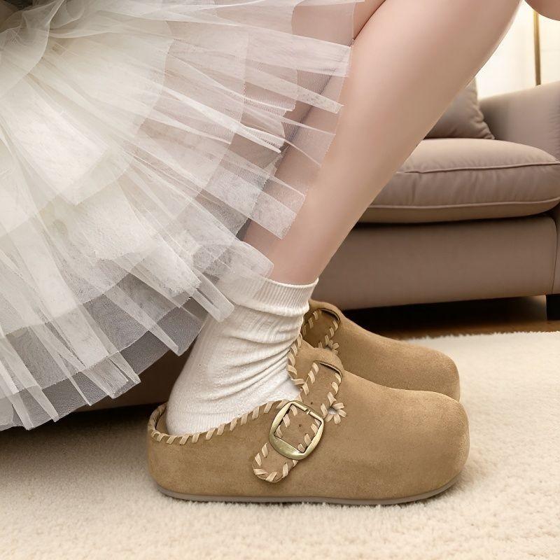 Cowhide version Korean inner heightening platform half slippers women's 2025 autumn round head retro casual lazy boken shoes