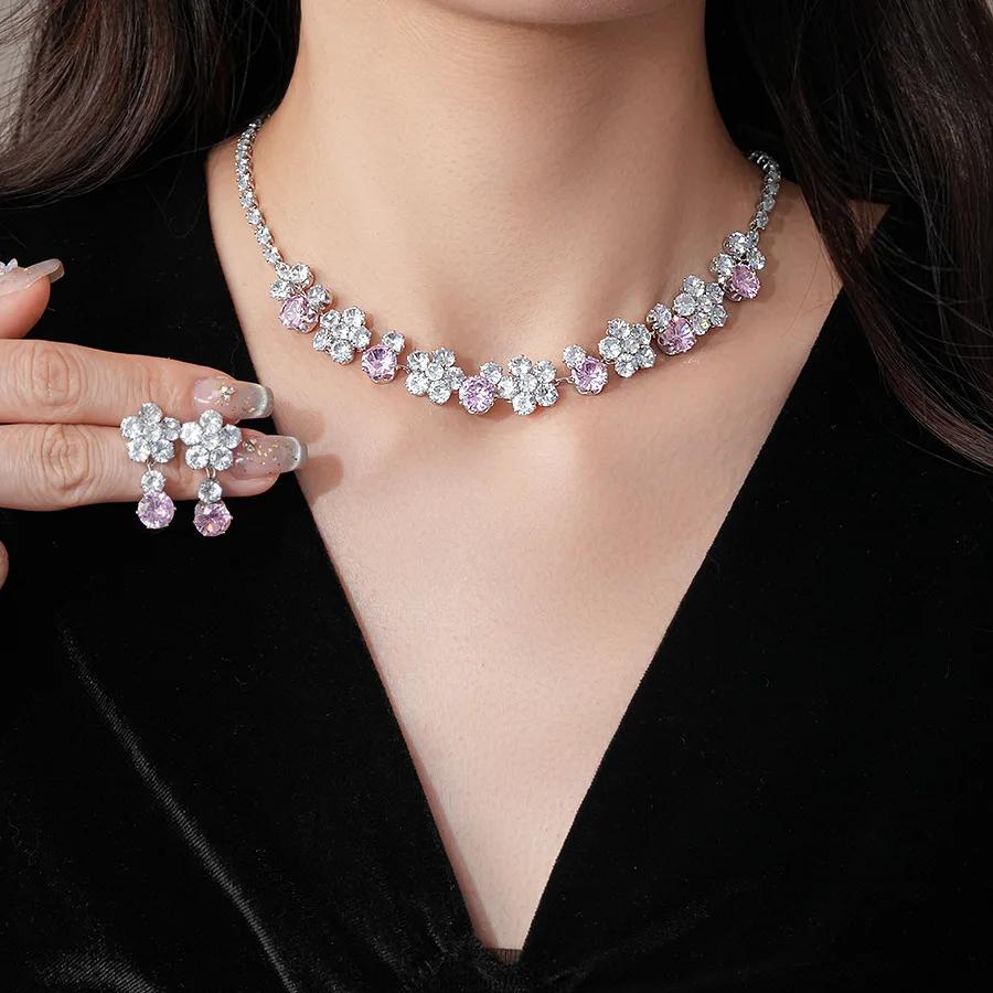 Inlaid Rhinestone Zircon Flower Zircon Sets for Women Exaggerated Sweet Collarbone Chain Light Luxury Necklace Earrings Set