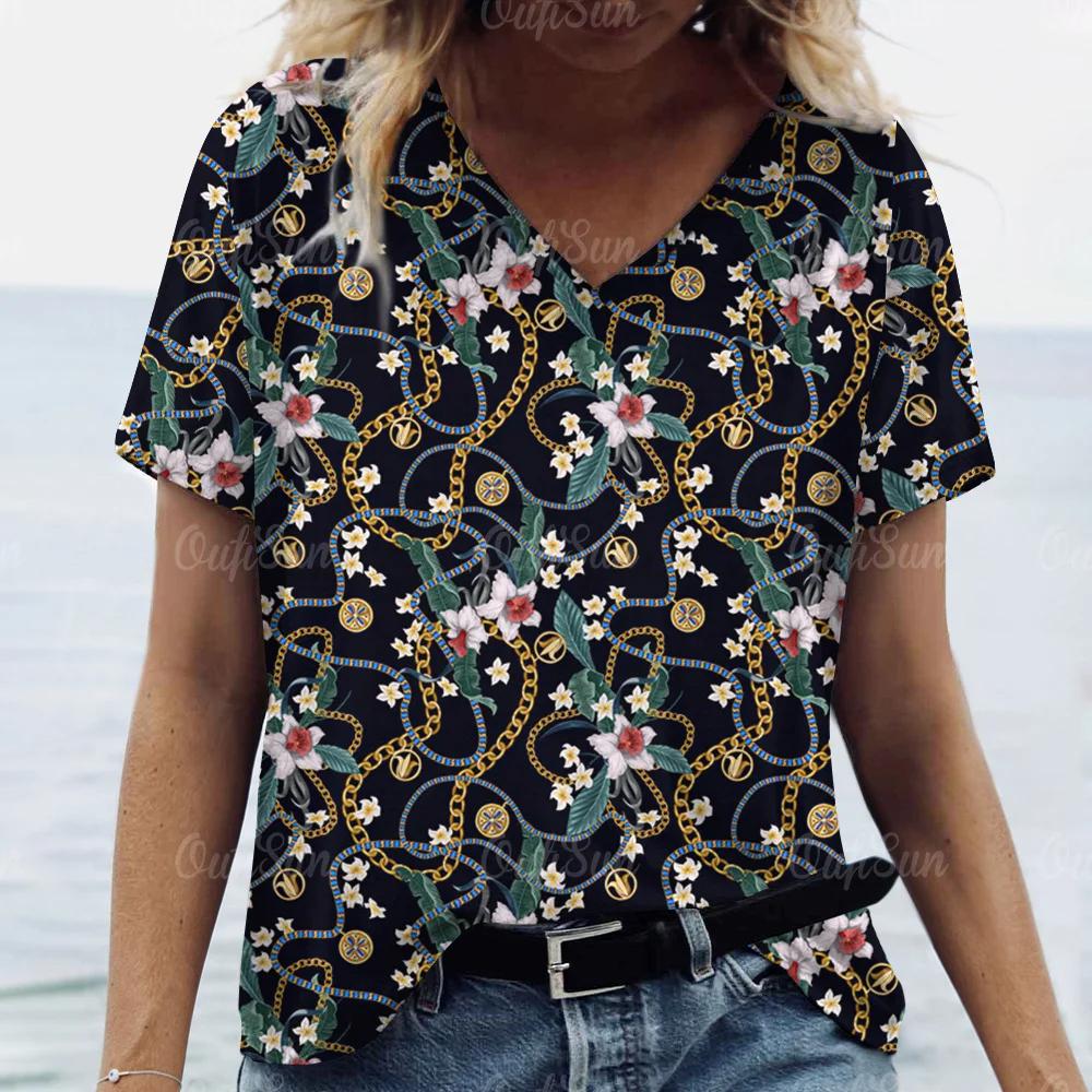Camiseta feminina da moda verão 2024, estampa dourada, decote em V, tops, camisetas femininas, manga curta de luxo, roupa feminina, vintage, streetwear