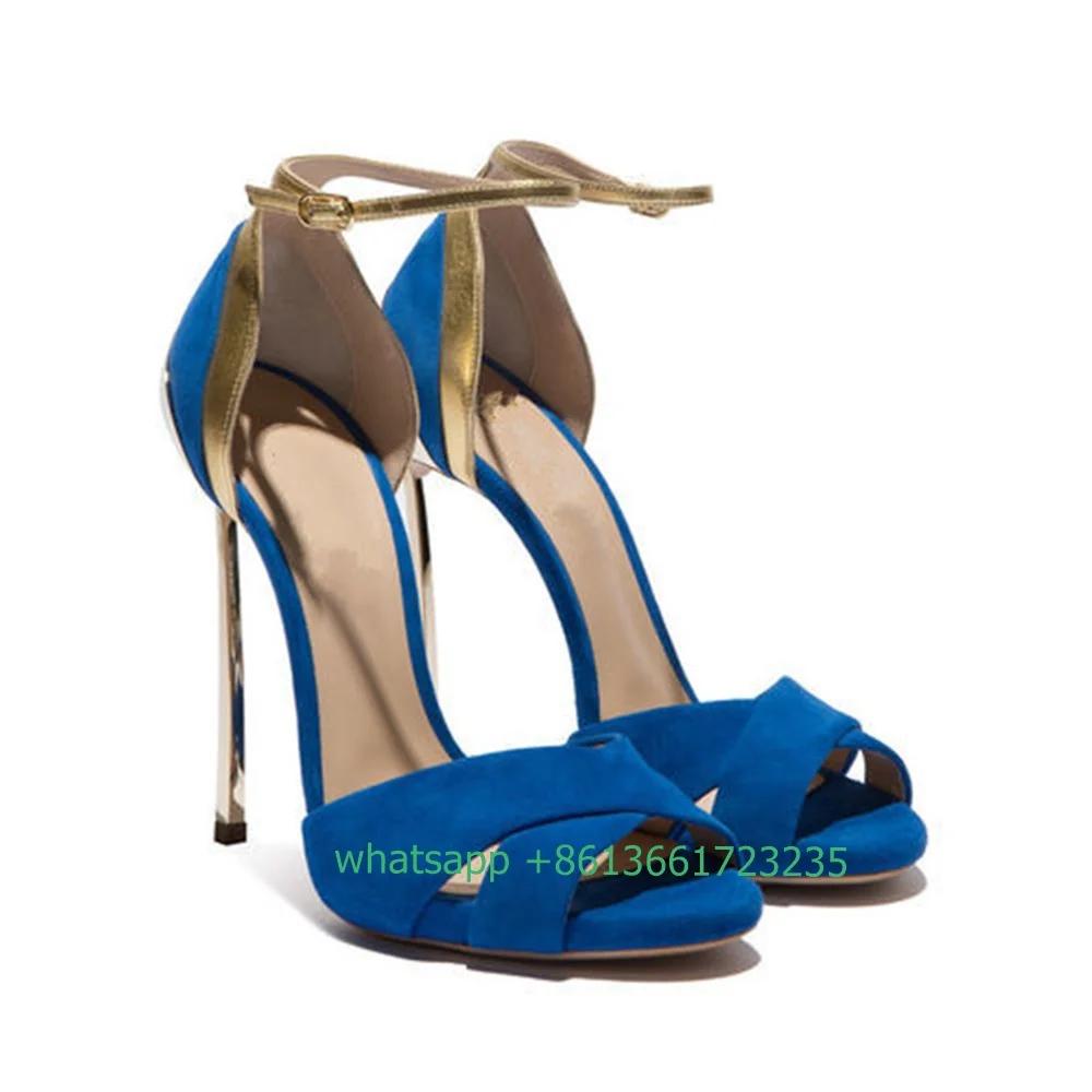 Blue/gold Mixed Color Sandals Peep Toe Suede Cross Strap Stiletto High Heels Women Pumps 2025 Summer Gladiator Shoes