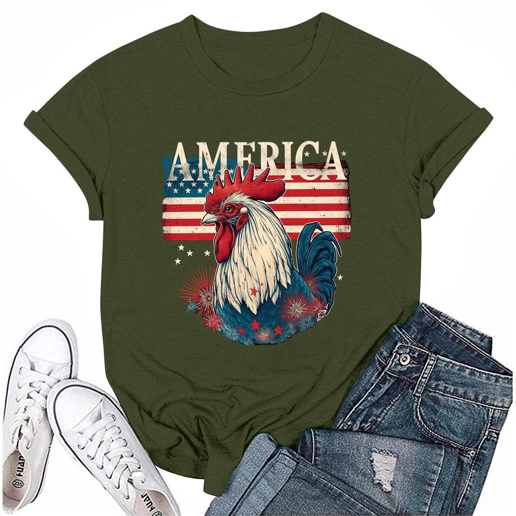 Women's Round Neck Casual Independence Day Printed Short Sleeve T-Shirt Top