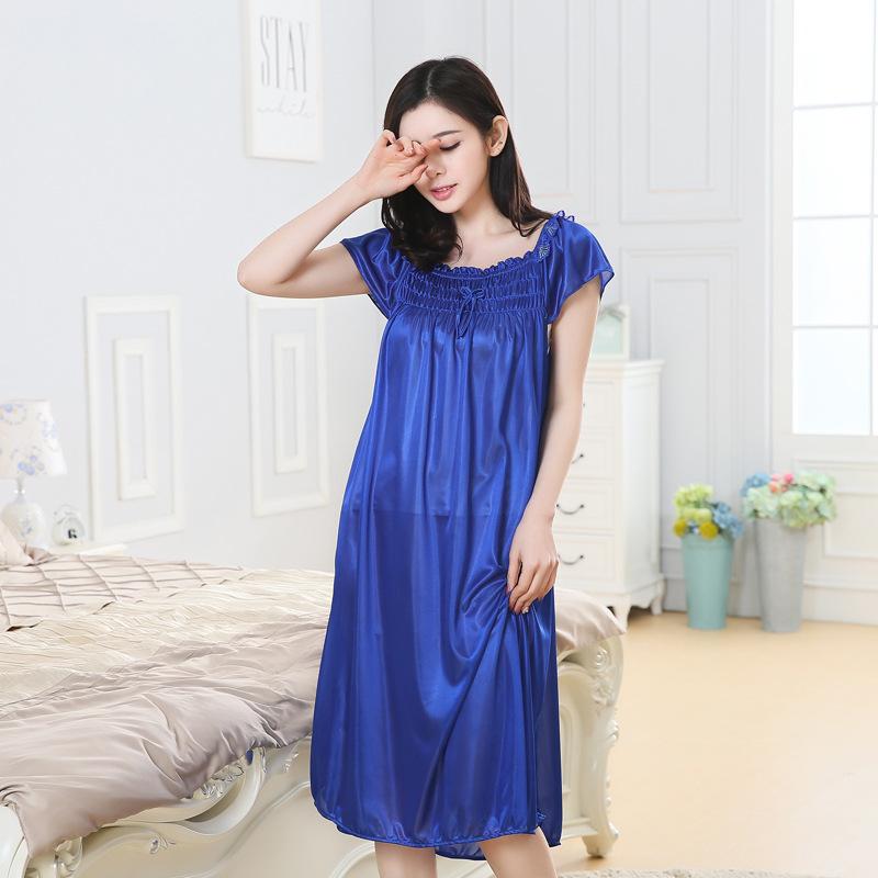 Womens Summer Lace Ice Silk Long Nightdress Short Sleeve Loose Plus Size Nightgown Solid Color Sleepshirt Home Clothing