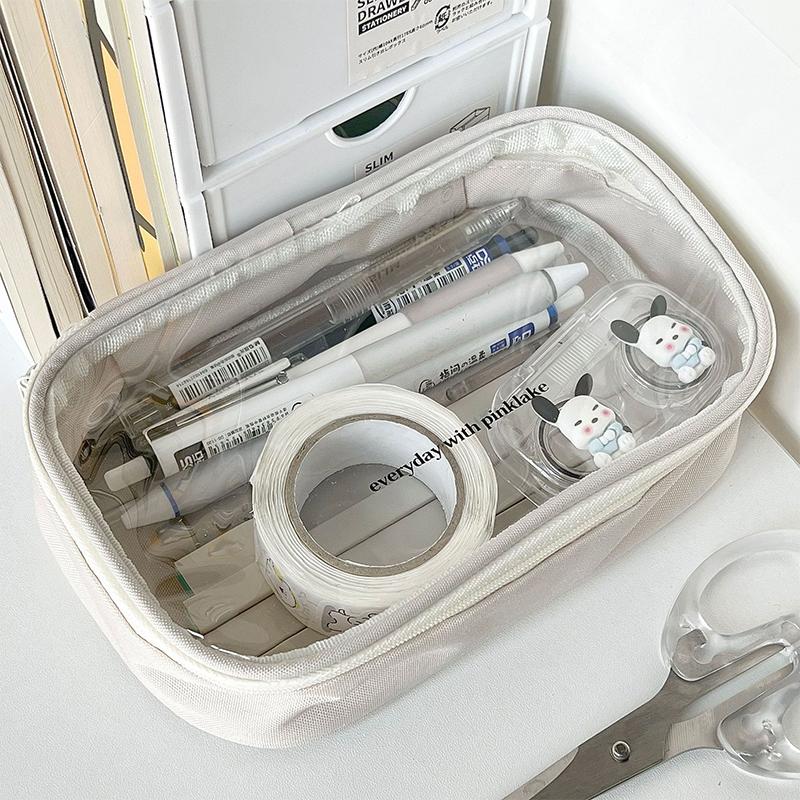 Student Pencil Pouch Simplicity Beige Color Series Penal Case Transparent