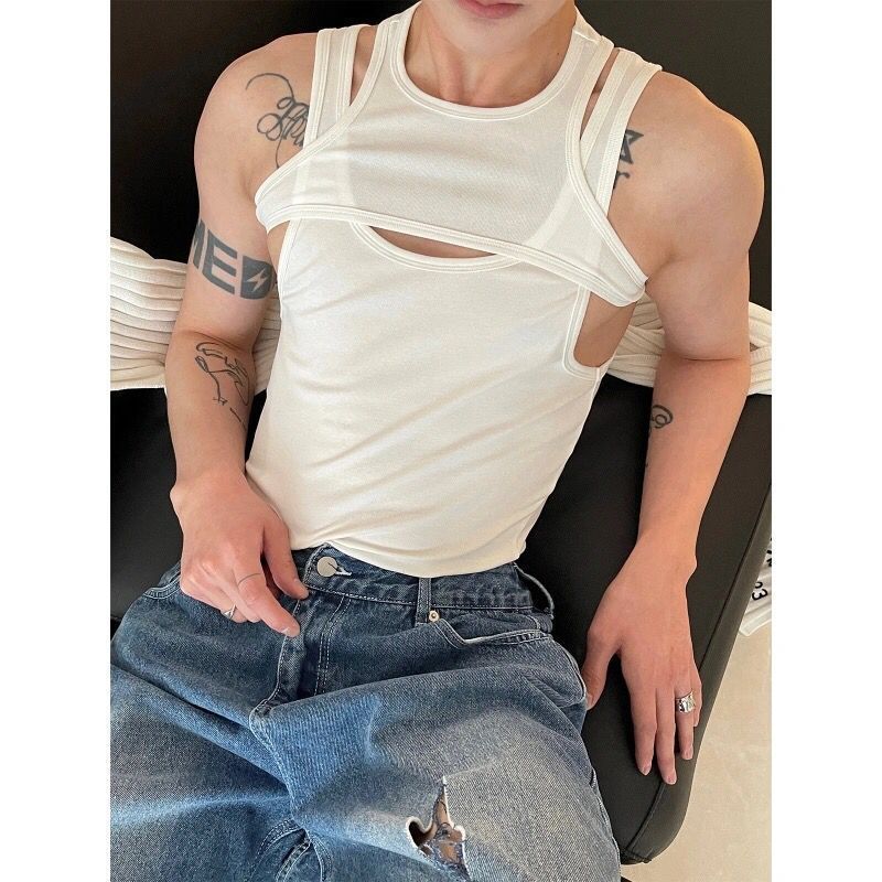 American Style New Tops Sexy Hollow Fake Two Pieces Men's Clothing Summer Hollow Out Fashion Slim Bodybuilding Tank Tops