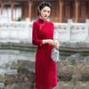 Slim Fit Black Dress Women Vintage Chinese Style Long Sleeve Midi Wear