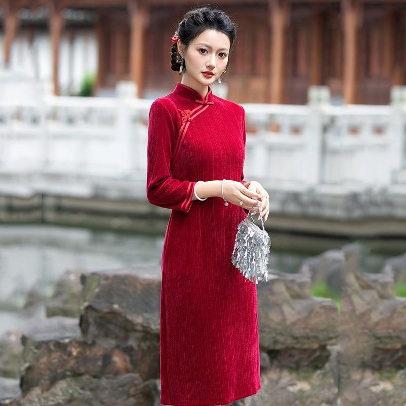 Slim Fit Black Dress Women Vintage Chinese Style Long Sleeve Midi Wear