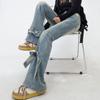 Women's Blue Bow Flare Jeans Harajuku 90s Aesthetic Streetwear Baggy Denim Trousers Y2k Jean Pants Vintage 2000s Trashy Clothes