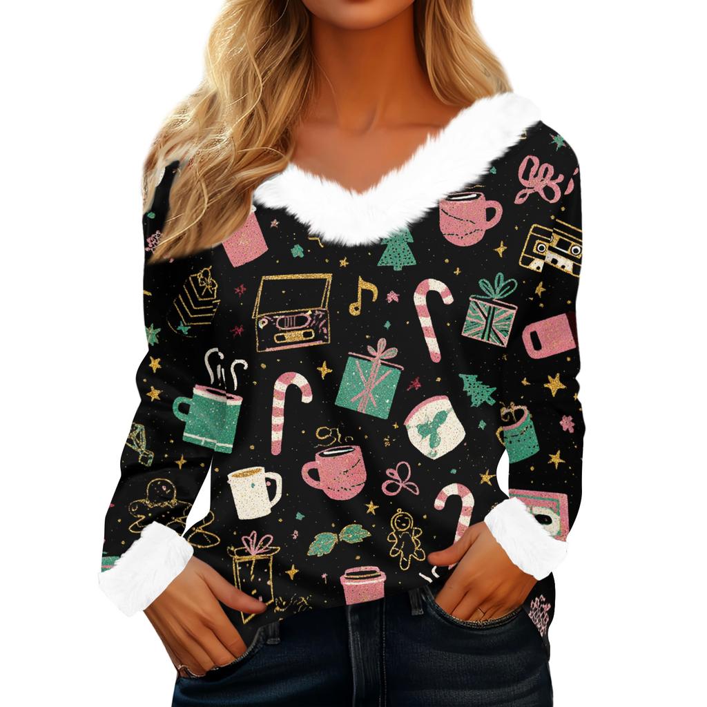Women's Casual Fashion Long Sleeve Christmas Printed Flannel Collar Top