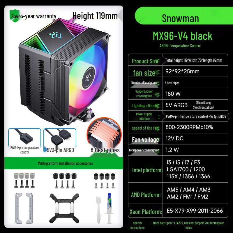 SNOWMAN Bingman MX96 Silent CPU Cooler, 6 Heat Pipes, Air Cooled, Compatible with 1700, X99, AMD, and 2011.