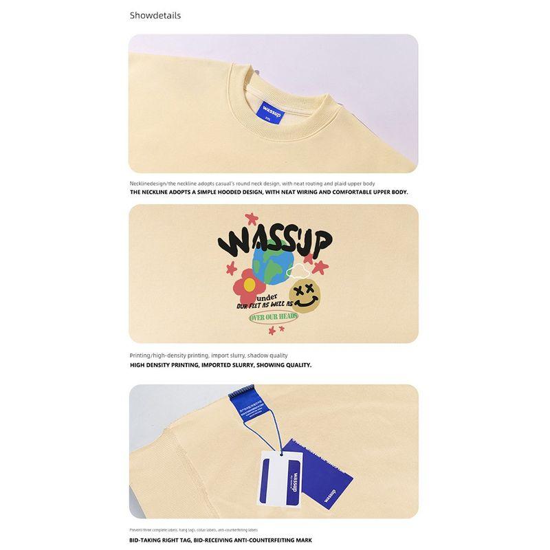 Wassup Heods Fleece-Lined Crewneck Sweatshirt for Men, Trendy American High Street Style, Loose Fit Top, Heavyweight Autumn and Winter Couple Wear