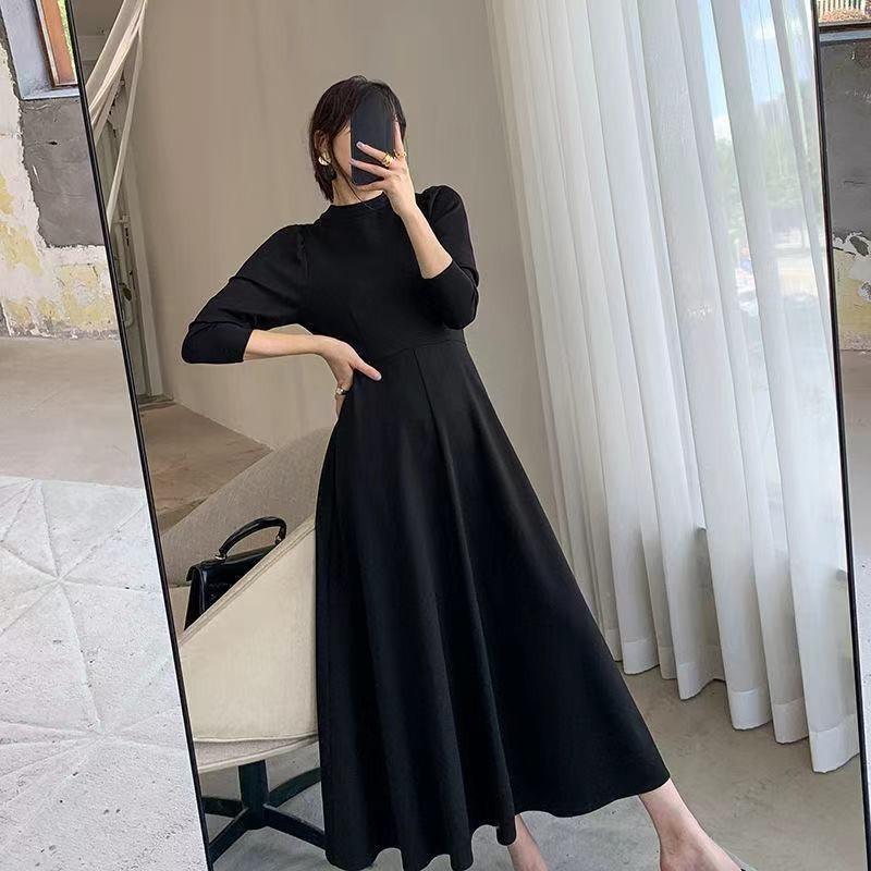 Платье в стиле Хепберн, женское осеннее платье Haute Couture, длинное платье, французское платье с длинными рукавами M чёрный