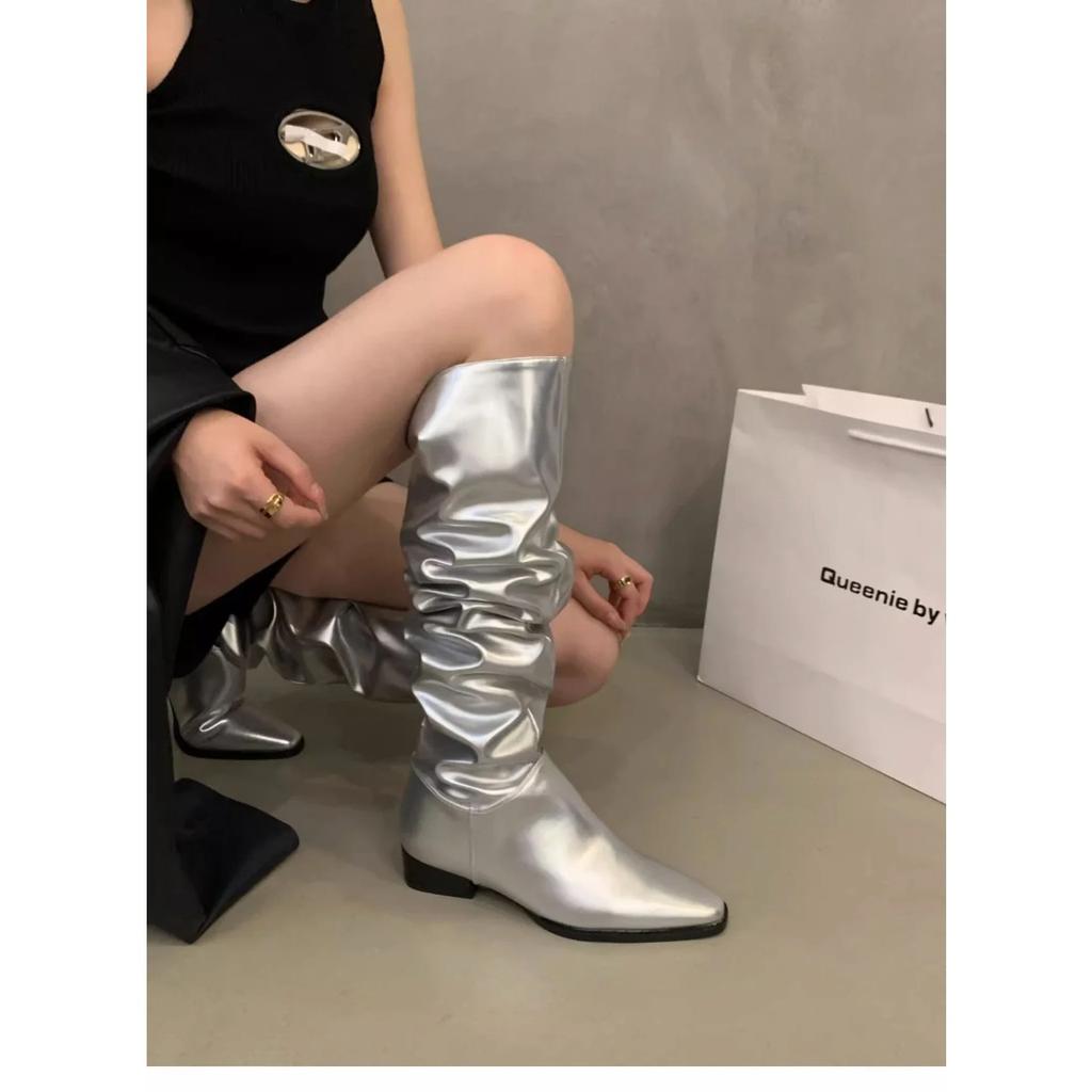 Silbrig Frauen Overknee Stiefel Winter Elegante klobige Lederschuhe Frau Trend Goth Schnee Chelsea Botas De Mujer