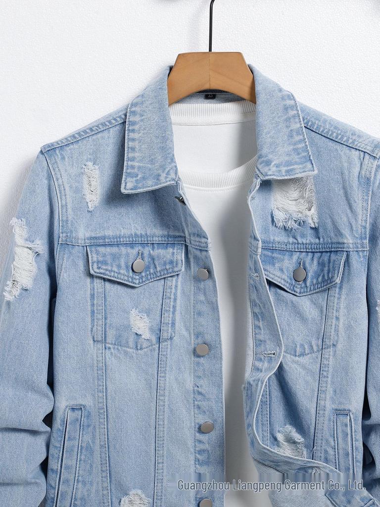 Men's Spring & Autumn 2025 Slim Fit Ripped Denim Jacket - European & American Street Trend.