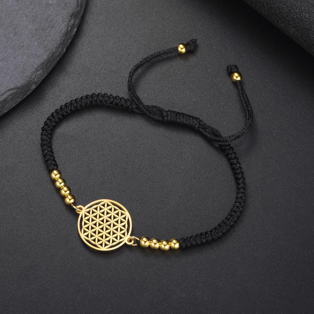 LIKGREAT Flower of Life Round Stainless Steel Bracelet Gold Color Charm Bracelets for Women Men Chain Fashion Jewelry Gifts
