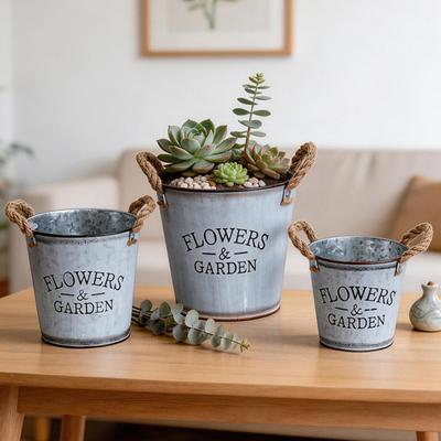 Retro Metal Planter Flowerpot with Rope Handles Distressed Plant Pot for