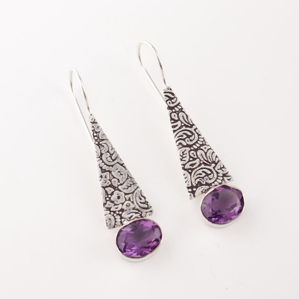 Natural Amethyst Gemstone 925 Sterling Silver Jewelry Handcrafted Earrings 1.9" EE-165-12