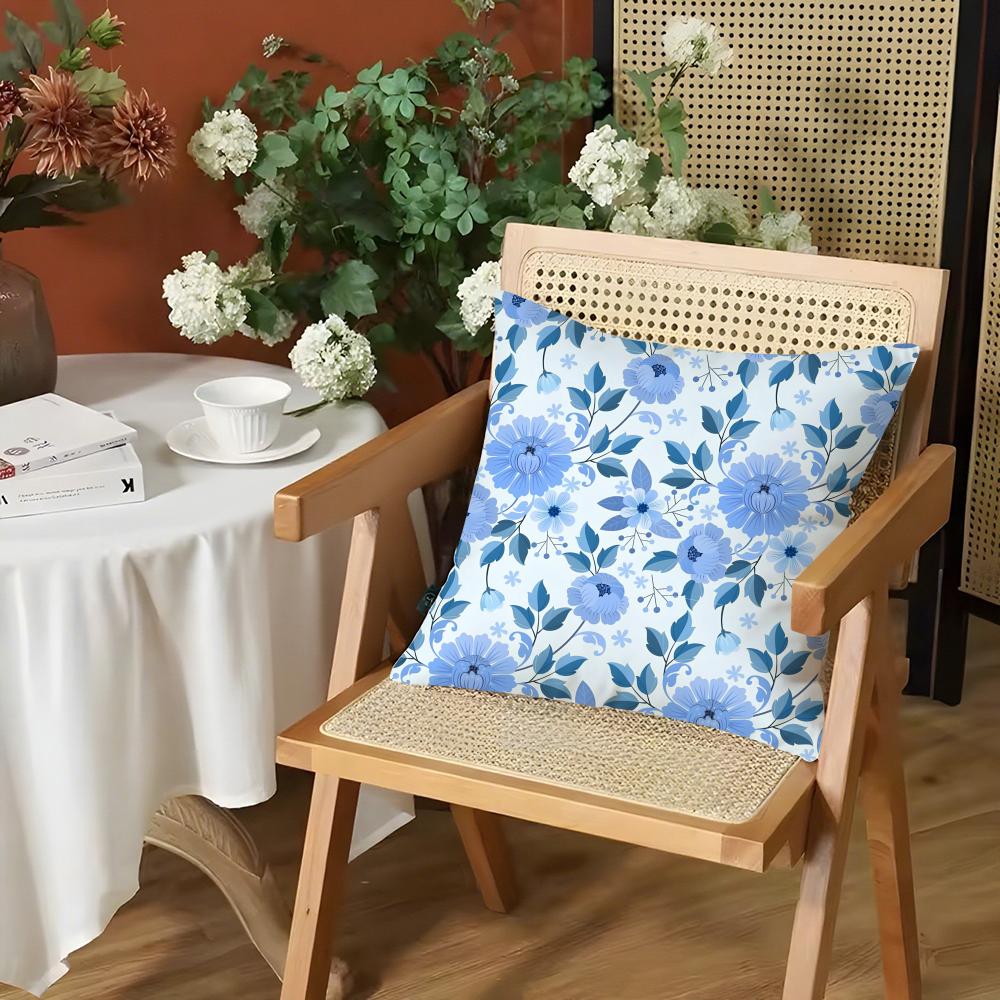 Elegant Blue Floral Cushion Cover Silky Short Plush Invisible Zipper Dustproof Sofa Pillow Case for Home Decor