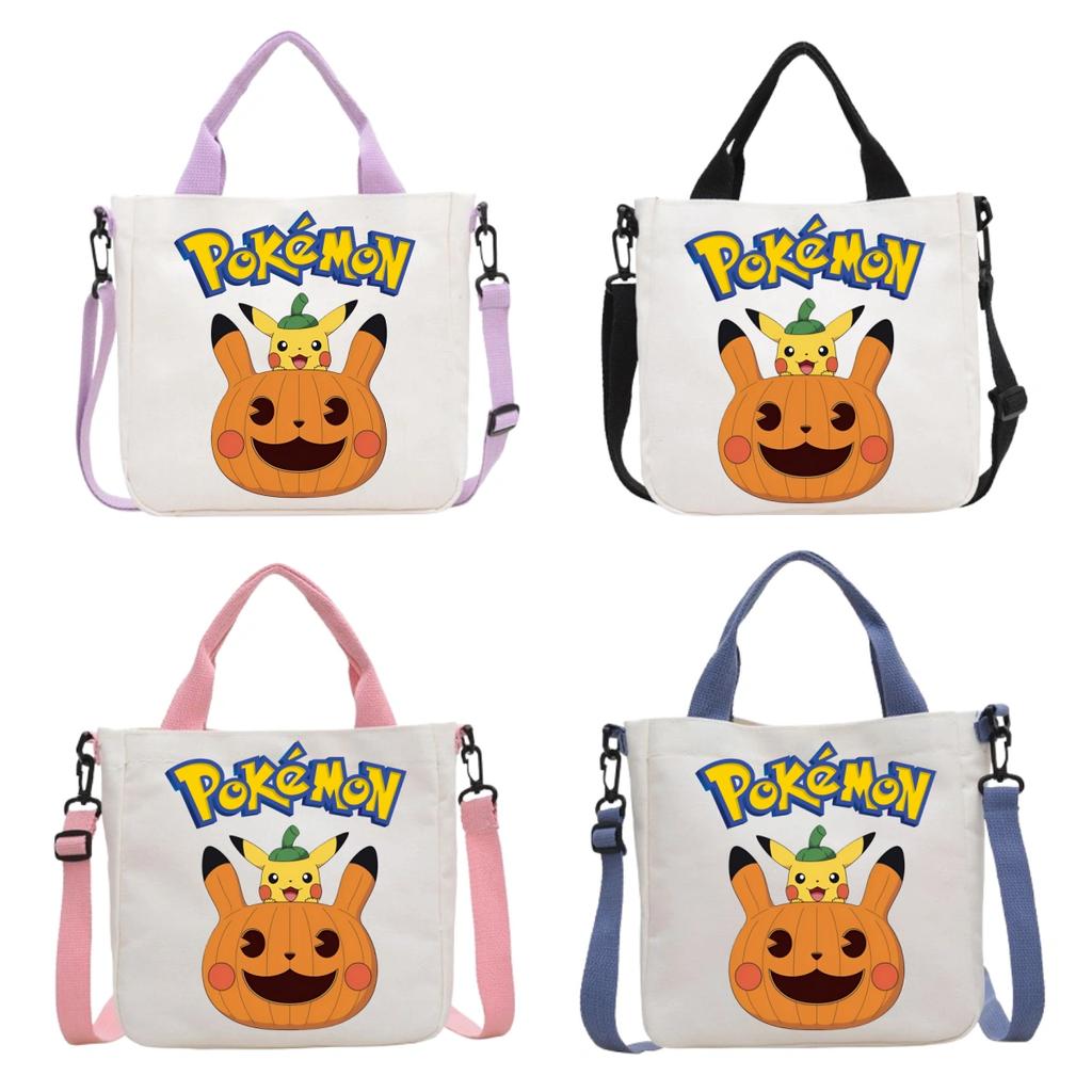 Pokemon Canvas Crossbody Bag Pikachu Cartoon Pattern Print Handbag Fashion Portable Large Capacity Travel Shopping Storage Kid Friendly Entertaining