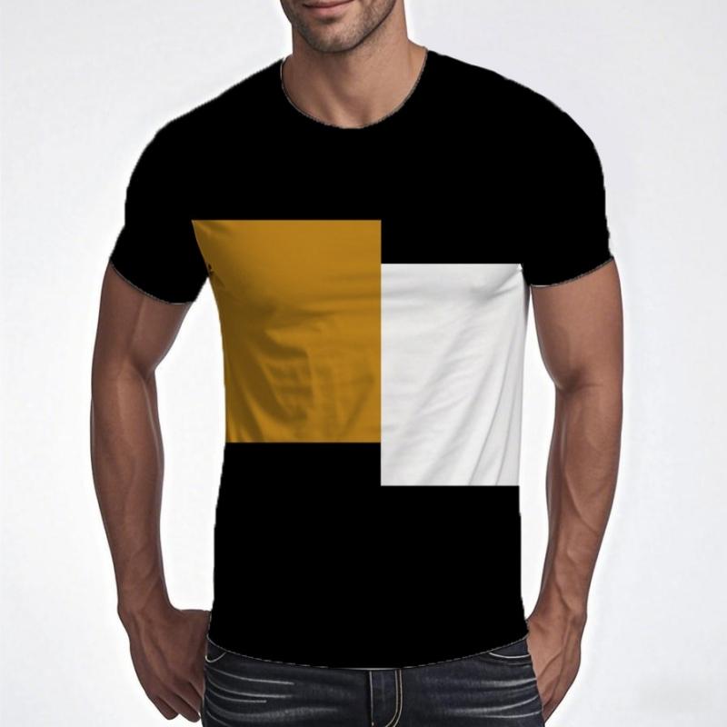 Retro contrasting splicing men's T-shirt, simple and fashionable for daily wear in summer, 3D printed T-shirt, casual oversized T-shirt