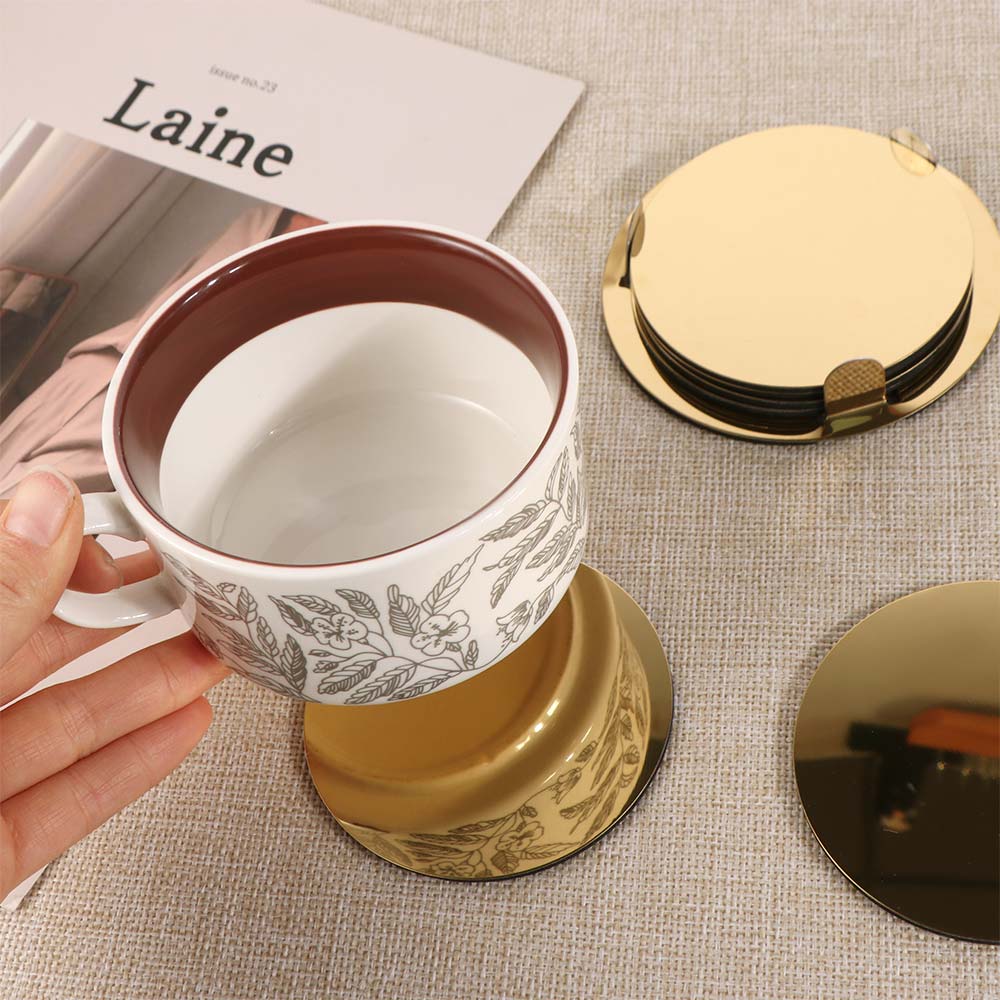 Scald-proof Insulated Cup Mat Mirror-like Drink Pad Gold Stainless Steel Coaster Set Restaurant