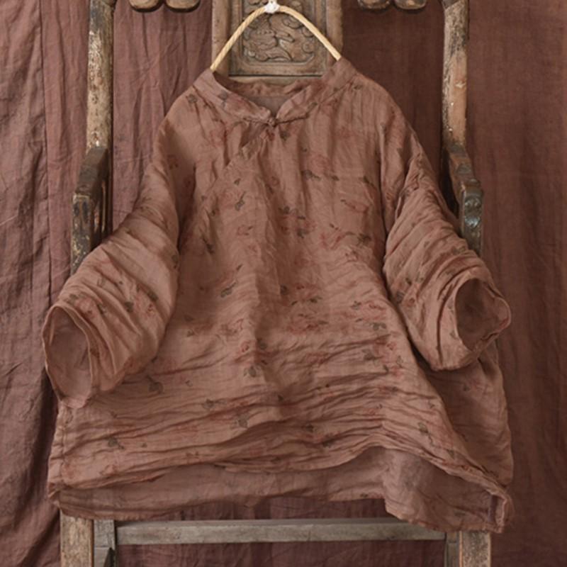 Johnature Women Ramie Shirts Print Floral Stand Long Sleeve Chinese Style Tops Spring Vintage High Quality Women Clothes