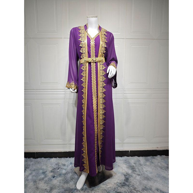 

Платье Ближний Восток Трансграничная Внешняя Торговля Женская Мода Лента Пайетки Вышитый Халат Большой размер Комплект из двух предметов Юбка Purple S