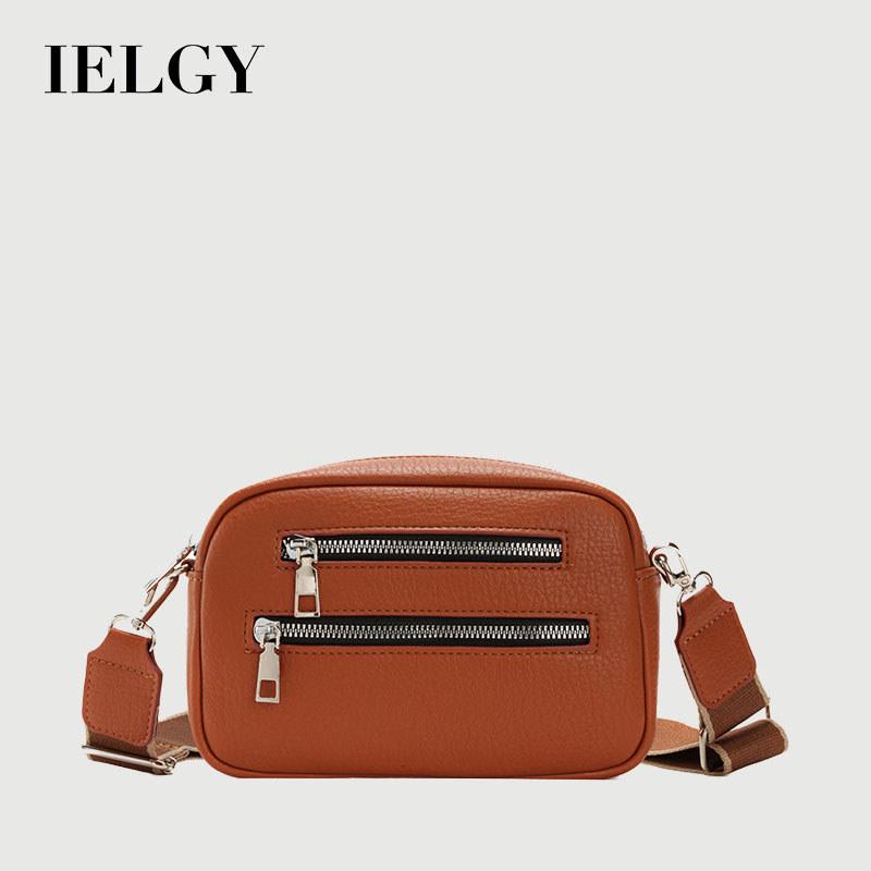 IELGY Ladies Messenger Bag Wide Shoulder Strap Double Zipper Simple Fashion Small Square Bag