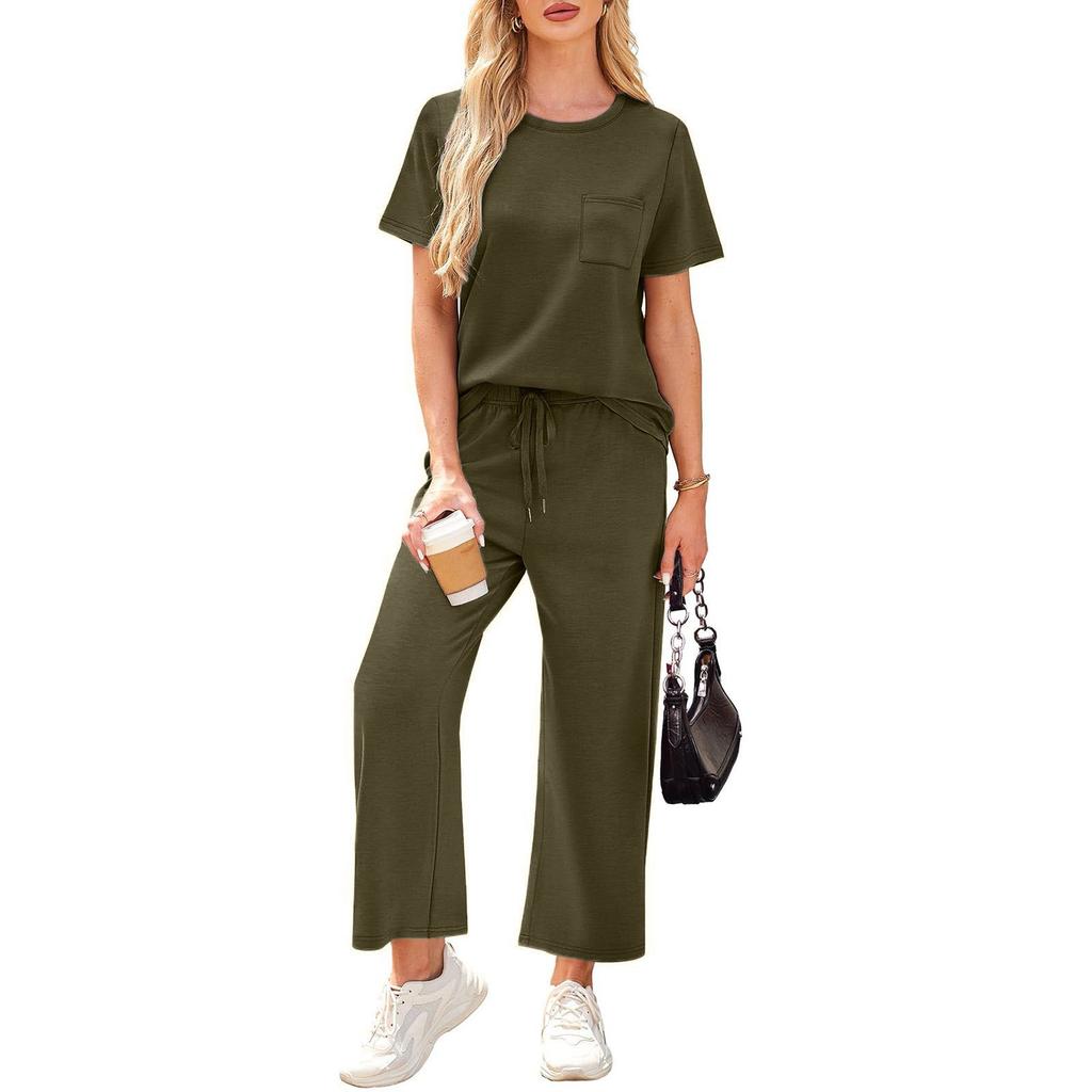 Women's Casual Fashion Short Sleeve Loose Wide Leg Pants Round Neck Suit